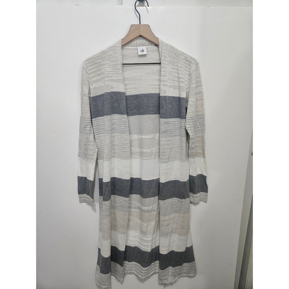Cabi 5018 Gray Striped Longline Open Front Duster Cardigan Sweater Small